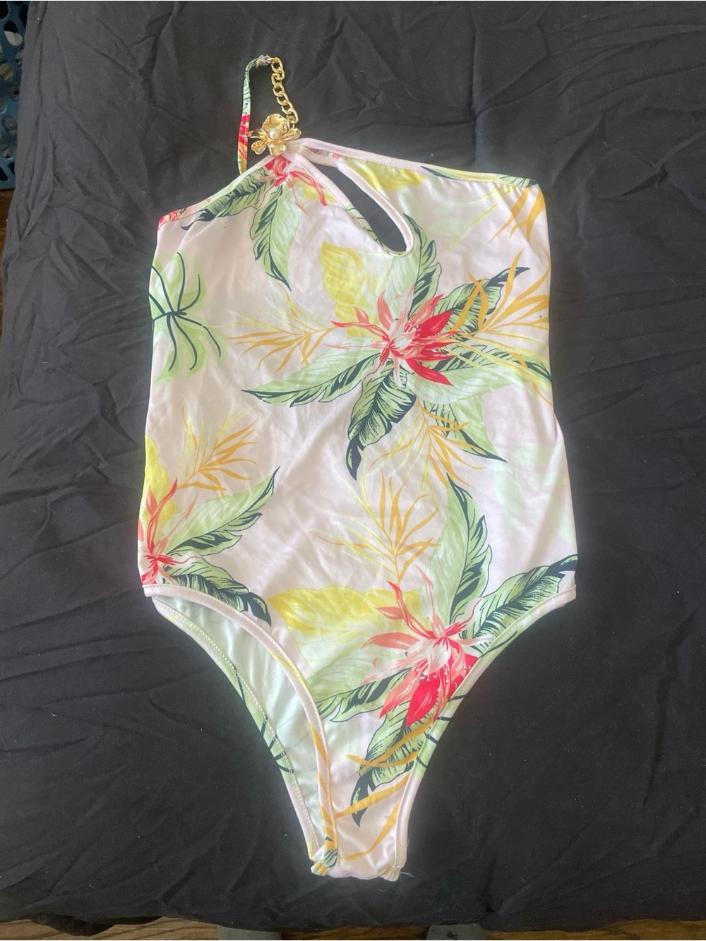 Tropical Print One-Piece Swimsuit – Gold Chain Detail – Size Large